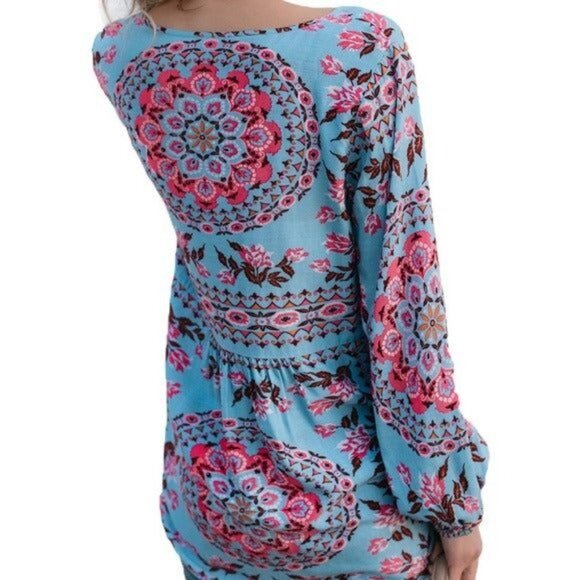 Blue Bohemian Print Tassel Tie V Neck Blouse - Picture 8 of 8